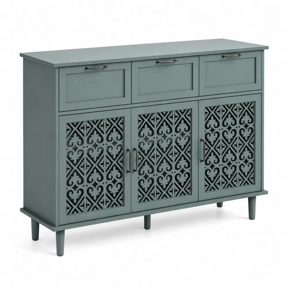 Credenza in Legno con Cassetti e Ante Intagliate Grigio