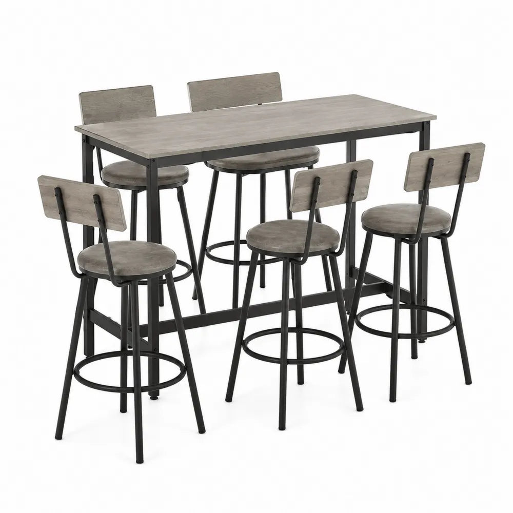 Set Tavolo e 6 Sgabelli in Legno e Metallo Grigio