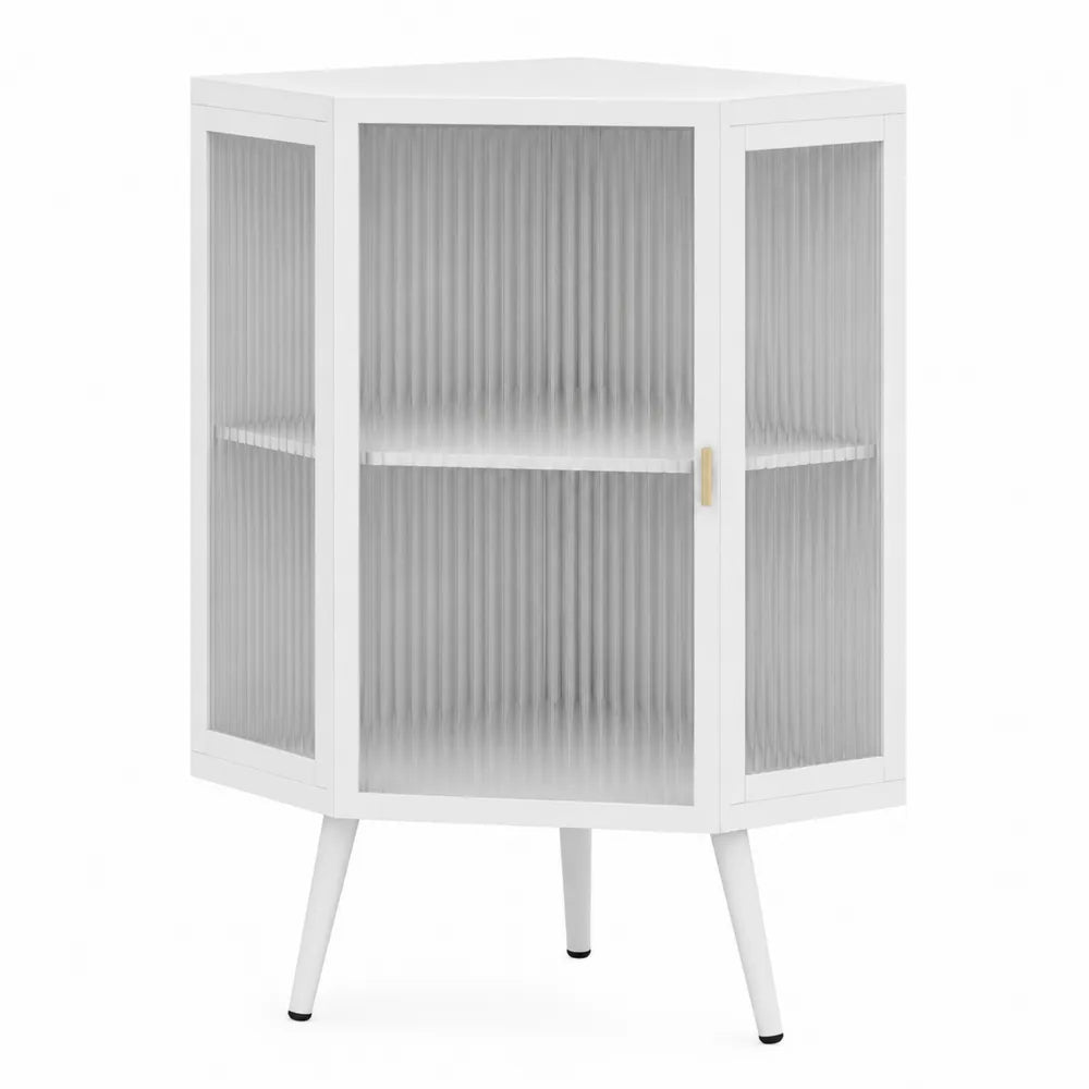 Armadio Angolare in MDF Bianco con Ante in Vetro Temperato Scanalato