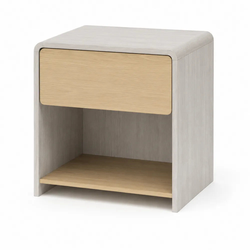 Comodino in legno con cassetto in MDF e rovere chiaro