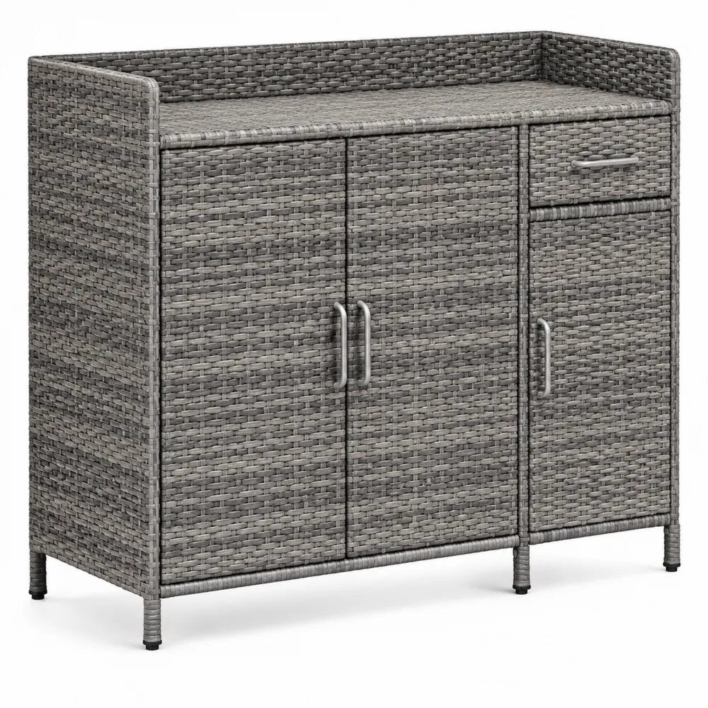Credenza in Rattan Sintetico Grigio con Struttura in Acciaio